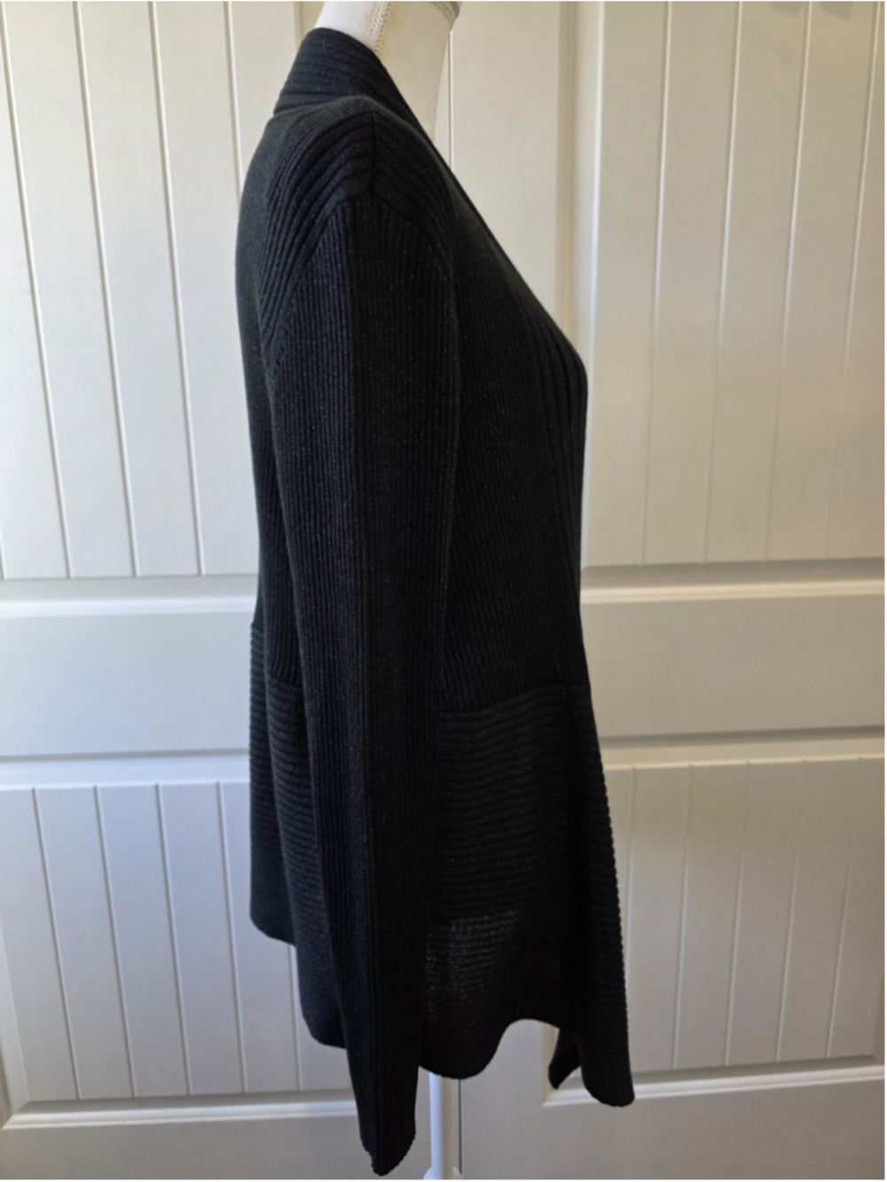 Dana Buchman Sweater Sz L Cardigan Open Front Ribbed Shimmer Black Elegant - Picture 4 of 11